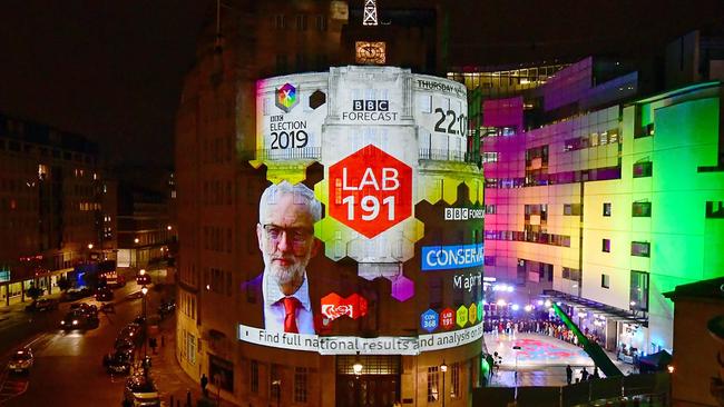 BBC TV Centre in London projects the exit poll predictions. Picture: BBC.