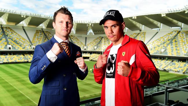 Jeff Horn and Tim Tszyu in Townsville at Queensland Country Bank Stadium. Picture: Alix Sweeney