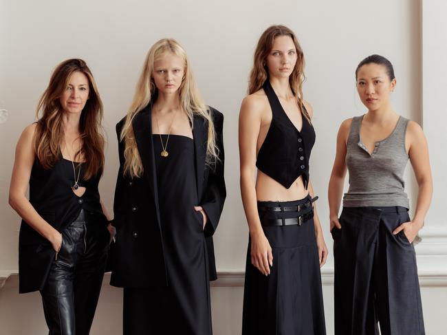 24-04-2025 - Sydney fashion designers Amber Keating of Common Hours (L) and Courtney Zheng of Courtney Zheng (R) who will be part of a group show at Australian Fashion Week, pictured with models Annalise Lloyd (wearing Common Hours) and Darcy Jackson (wearing Courtney Zheng). Picture: Max Mason-Hubers / The Australian