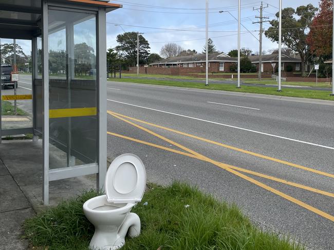 Only in Frankston: Tired of a serial crapper taking a dump at this Cranbourne Road bus stop an innovative local  has  provided a toilet. Picture; Lucy Callander