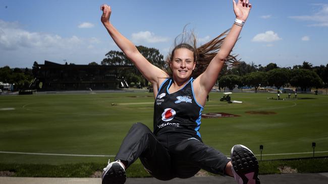 Strikers player Alex Price, having some fun on the BOUNCE airbags and trampolines Picture SARAH REED