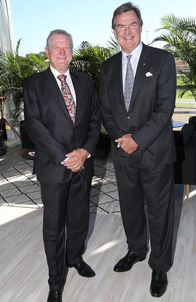 Racing Queensland chairman Steve Wilson and Brisbane Racing Club chairman Neville Bell (left) at the Brisbane Winter Carnival launch. Picture: Richard Waugh