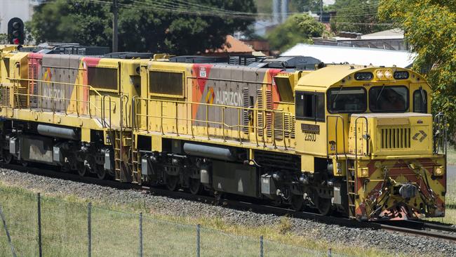 A Aurizon coal train is seen travelling through Toowoomba. Picture: Kevin Farmer