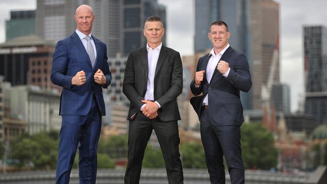 Barry Hall (left), Danny Green and Paul Gallen (right) ahead of the boxing match at Margaret Court Arena on Friday night. Picture: Alex Coppel.