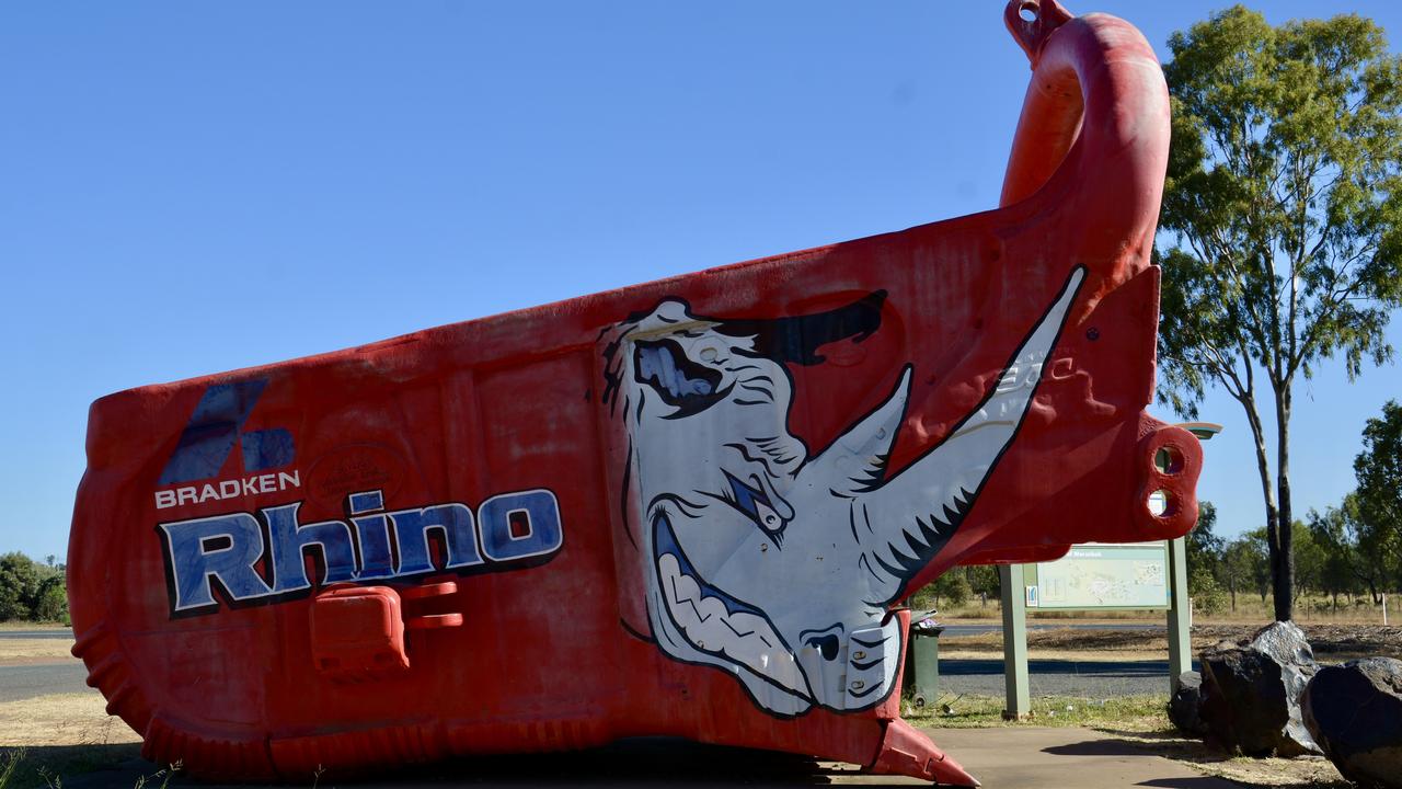 The Moranbah red bucket at the entry to the mining town. Picture: Rae Wilson