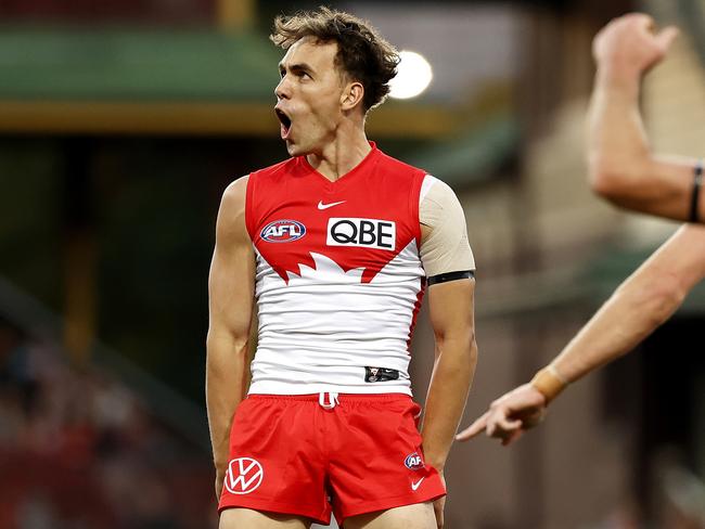 Sydney's Ryan Clarke celebrates kicking a goal  during the Round 15 AFL match between the Sydney Swans and West Coast Eagles at the   SCG on June 24, 2023. Photo by Phil Hillyard(Image Supplied for Editorial Use only - **NO ON SALES** - Â©Phil Hillyard )