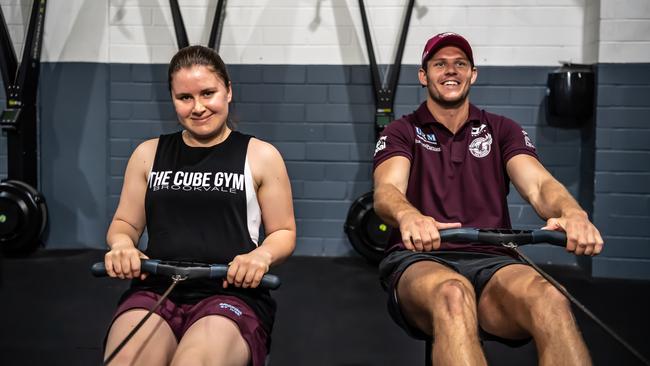 Sea Eagle Corey Waddell works out with Juliet Liddy at the Cube Gym in Brookvale. Picture; Monique Harmer.