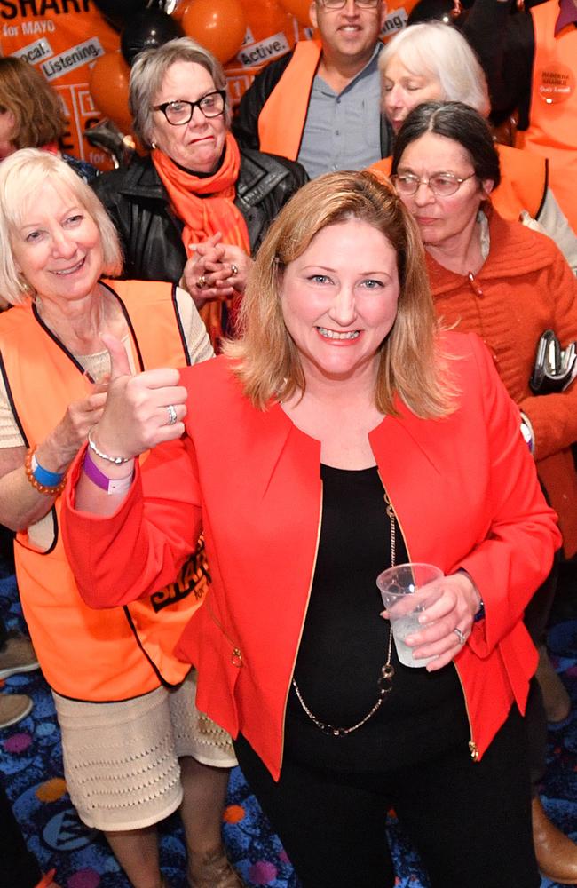 Centre Alliance candidate for Mayo, Rebekha Sharkie, with supporters at the Mt Barker Wallis theatre in Adelaide, South Australia. Picture: David Mariuz