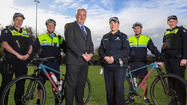 Richmond police on bikes patrolling the North Richmond safe injecting room area. Picture: Alex Coppel.