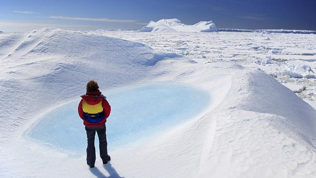A person stands on an ice sheet in the Antarctic.