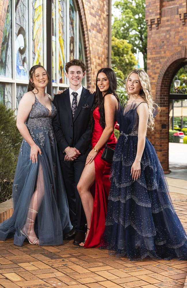 Graduates (from left) Paige Brindell, Sam Luck, Amy Dann and Holly Smith as Downlands College year 12 students come together for their valedictory mass at the college, Saturday, November 16, 2024. Picture: Kevin Farmer