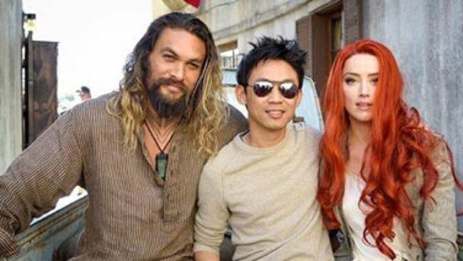 Jason Momoa, director James Wan and Amber Heard on the set of Aquaman. Picture: Instagram.