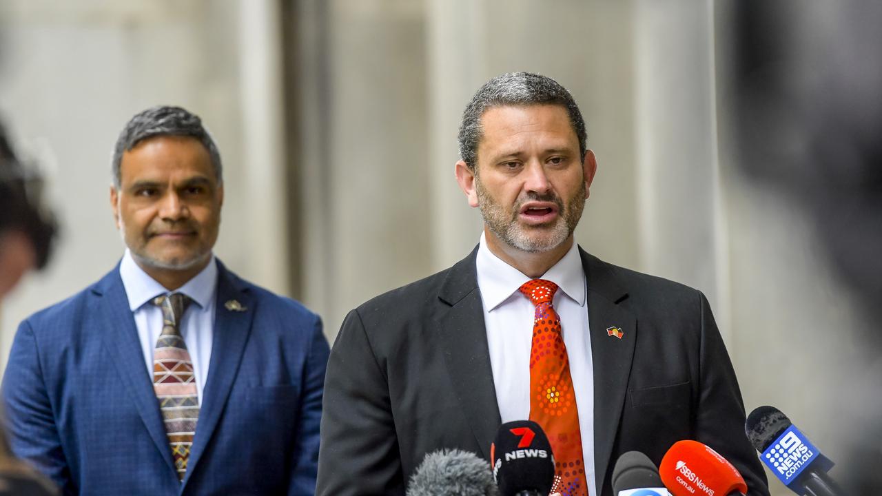 Aboriginal Affairs Minister Kyam Maher and Dale Agius, Commissioner for First Nations Voice to parliament and the Commissioner's engagement report. Picture: Roy VanDerVegt