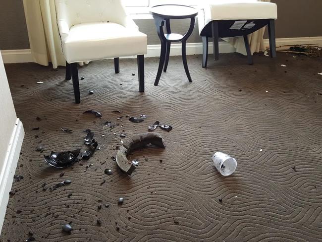 The court was shown images of a shattered vase and disarray in the aftermath of Sean Combs’ attack on then-girlfriend Cassie Ventura. Picture: US Attorneys SDNY