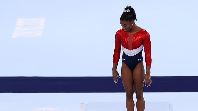 TOKYO, JAPAN - JULY 27: Simone Biles of Team United States competes on vault during the Women's Team Final on day four of the Tokyo 2020 Olympic Games at Ariake Gymnastics Centre on July 27, 2021 in Tokyo, Japan. (Photo by Jamie Squire/Getty Images)