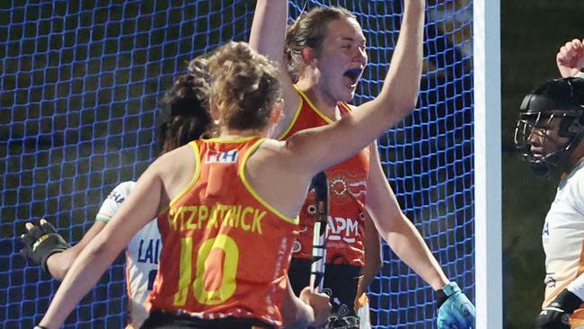 Birthday girl Pippa Morgan celebrates her maiden international goal.