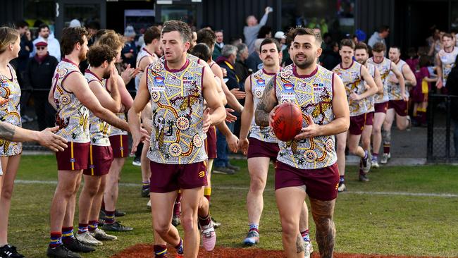 Murrumbeena players run out onto the field during the Southern Football Netball League 2023 Division 2 Senior match between Murrumbeena and Doveton Doves at Murrumbeena Park in Murrumbeena, Victoria on July 8, 2023. (Photo by Josh Chadwick)