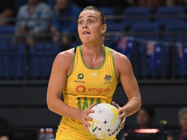 CHRISTCHURCH, NEW ZEALAND - MARCH 06: Liz Watson of Australia looks to pass the ball during the Constellation Cup International Test Match between the New Zealand Silver Ferns and the Australia Diamonds at Christchurch Arena on March 06, 2021 in Christchurch, New Zealand. (Photo by Kai Schwoerer/Getty Images)