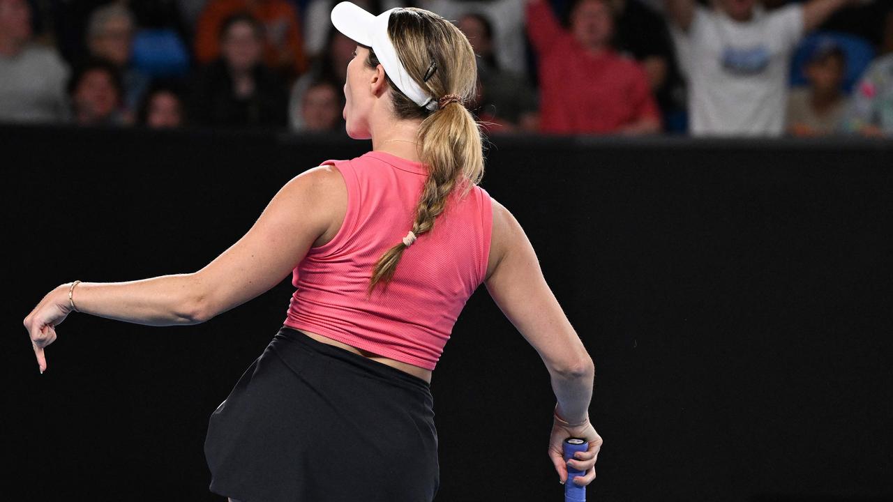 Danielle Collins winds up the crowd after claiming a three-set victory over Australian Destanee Aiava in the second round at Melbourne Park. Picture: William West / AFP