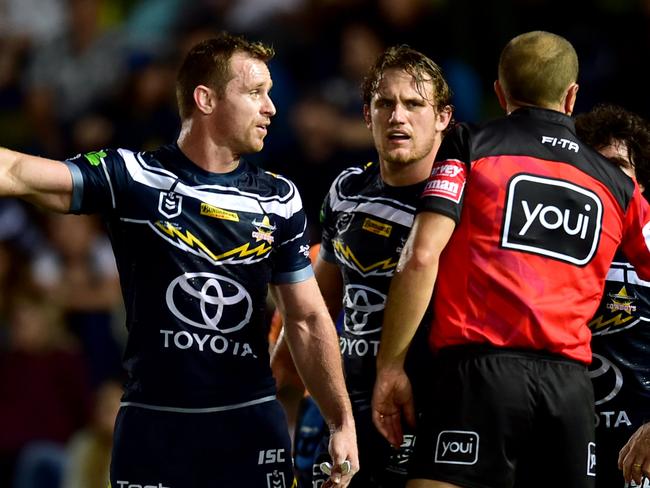 Michael Morgan argues with the referee. NRL; North Queensland Cowboys Vs West Tigers at 1300Smiles Stadium. Picture: Alix Sweeney