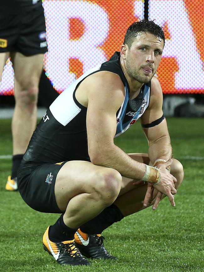 Travis Boak after Port Adelaide’s after-the-siren elimination final loss to West Coast. Picture: Sarah Reed