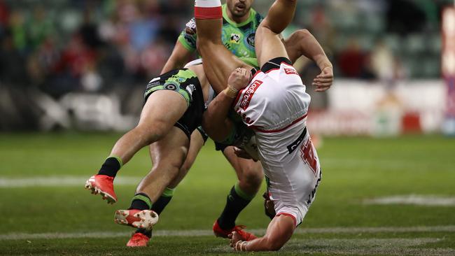 Nick Cotric was sent off for this tackle on Tim Lafai. Picture: Getty Images