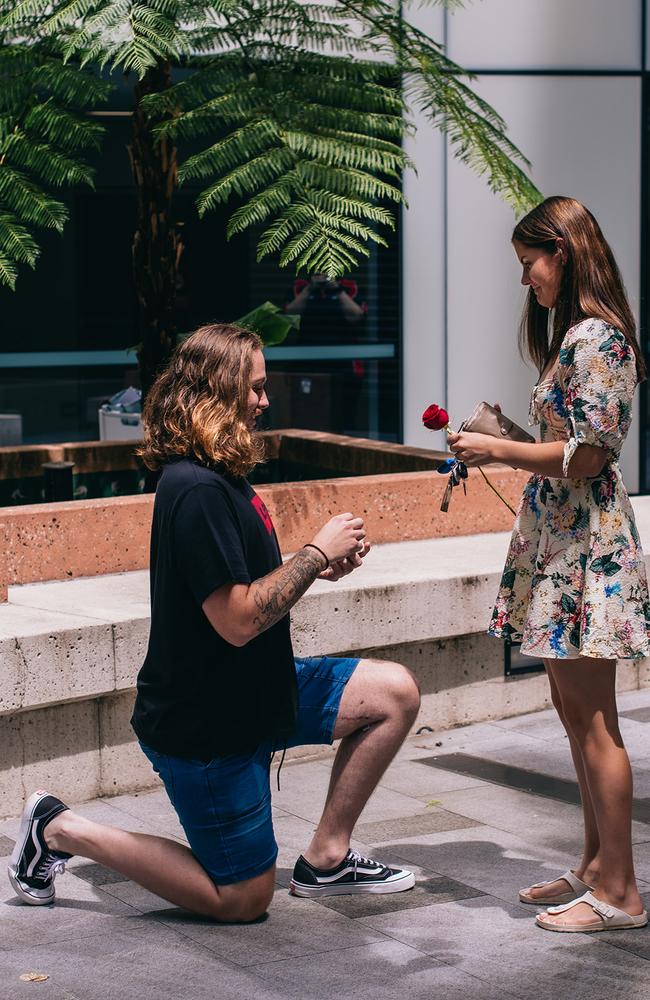 After having his timeframe cut from six months to weeks, Kienan Moore wasted no time organising the proposal of Olivia Hinz's dreams. Photo: Brendan Allen.