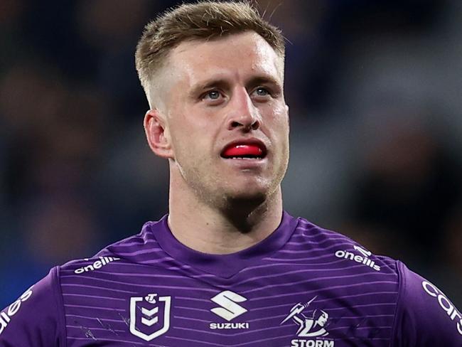 SYDNEY, AUSTRALIA - JULY 26: Cameron Munster of the Storm looks on during the round 21 NRL match between Parramatta Eels and Melbourne Storm at CommBank Stadium, on July 26, 2024, in Sydney, Australia. (Photo by Brendon Thorne/Getty Images)