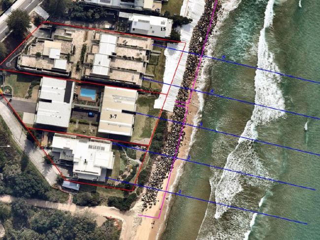 After: An aerial image of properties at 1-13 Hutton Rd, The Entrance North, on August 31, 2020, showing the erosion and emergency works involving rock boulders and geotextile matting at the base of the sand dune. Picture: supplied