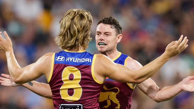 Will Ashcroft celebrates a goal as the Lions rushed out of the gates against Melbourne. Picture: Russell Freeman/AFL Photos via Getty Images