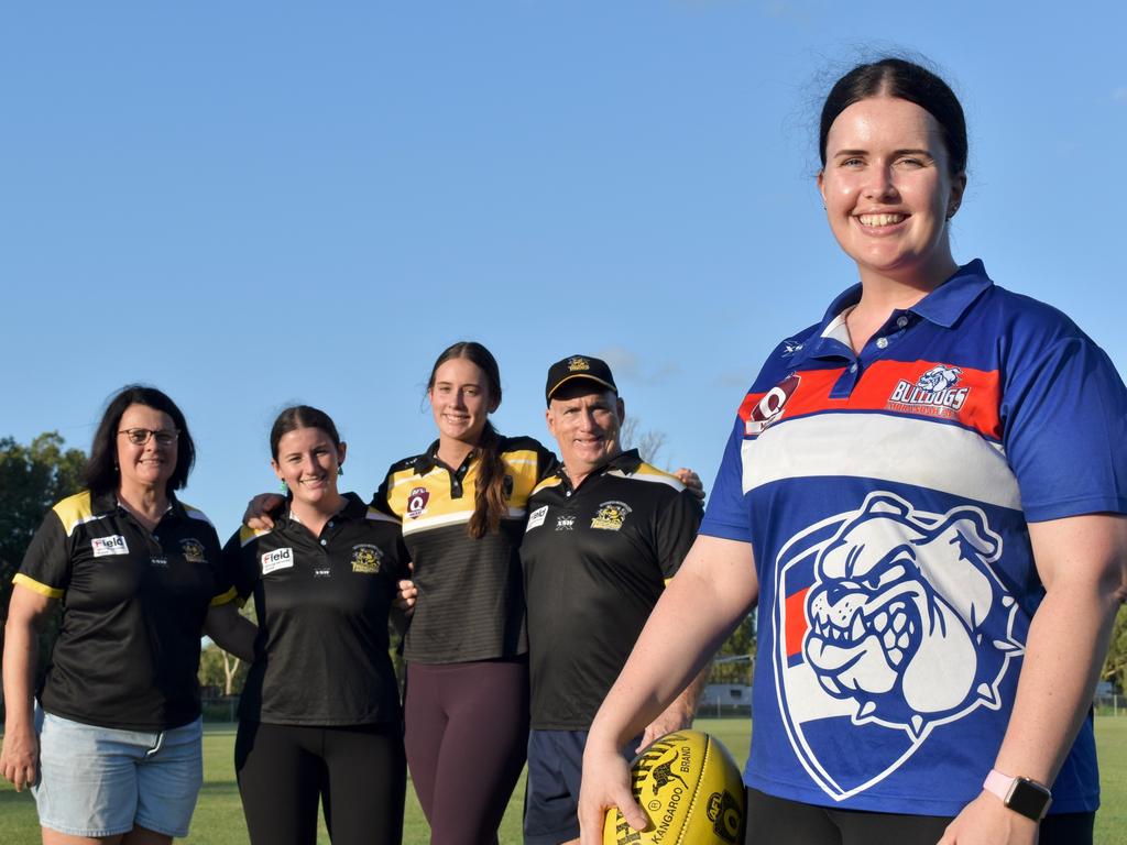 Daneal (foreground), Jeanne (from left), Macey, Zali and David Ronald at Bakers Creek home ground, Etwell Park. Daneal plays for Moranbah Bulldogs, while Macey and Zali play for the Tigers. Picture: Matthew Forrest