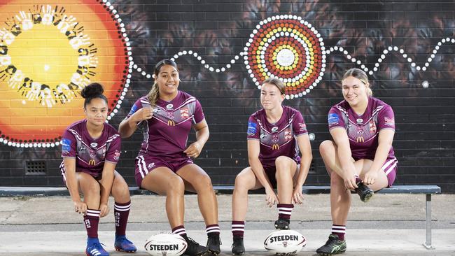 Ayjah, Lyric, Emma and Angel from Beenleigh SHS Titans Schools League posing at Beenleigh SHS at 40 Alamein St, Beenleigh, Brisbane 29th of April 2021. (News Corp/Attila Csaszar)