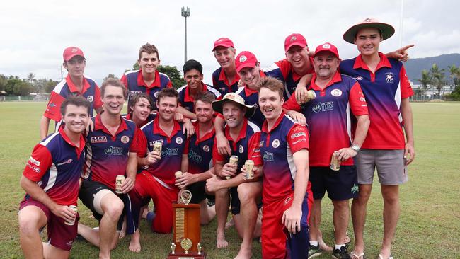 Mulgrave players with the winner's trophy after claiming victory in the Cricket Far North Grand Final match between Rovers, held at Griffiths Park. Picture: Brendan Radke