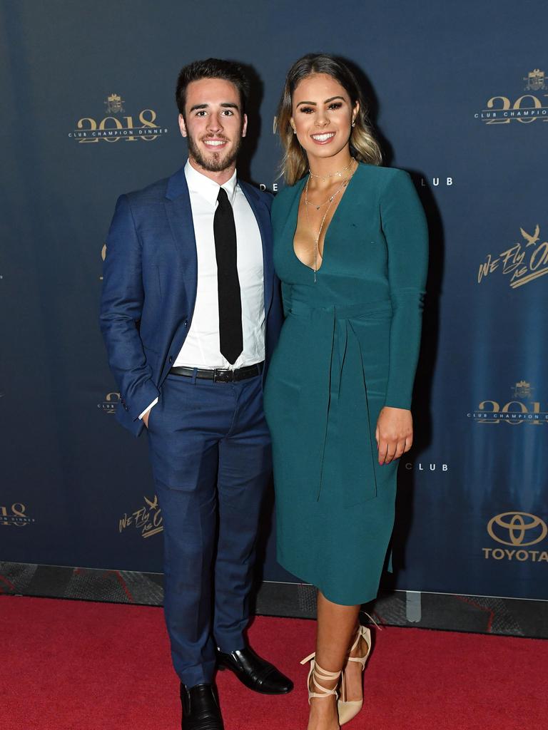 Lachlan Murphy and partner Mia Traviato on the red carpet ahead of the Malcolm Blight medal presentation night at the Adelaide Entertainment Centre.