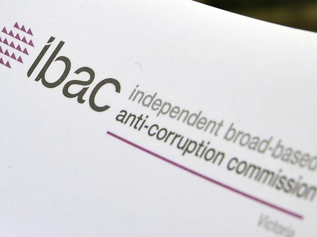 Independent Broad-Based Anti-Corruption Commission (IBAC) corporate paperwork is seen outside the County Court of Victoria in Melbourne Tuesday, April 28, 2015.  (AAP Image/Julian Smith) NO ARCHIVING