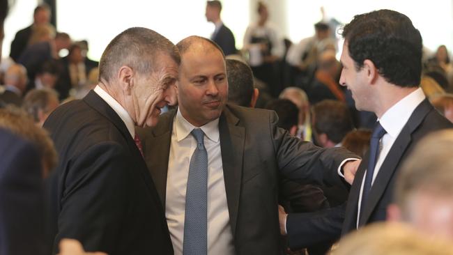 Former Victorian premier Jeff Kennett, federal Treasurer Josh Frydenberg and Victorian Deputy Premier James Merlino. Picture: Getty