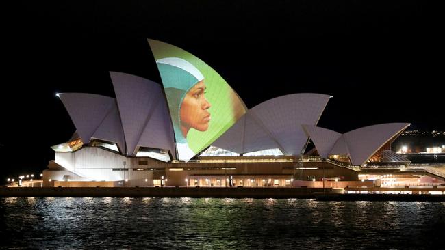 The Sydney Opera House showing Cathy Freeman at the starting line at the final of the 400m at the 2000 Olympic Games Picture: NCA NewsWire/Damian Shaw