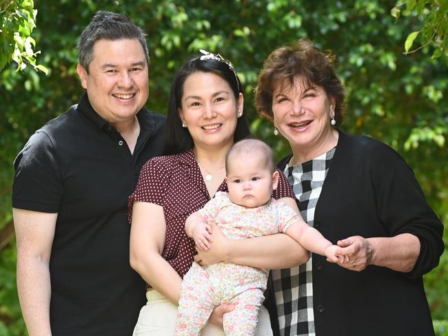 SYDNEY, AUSTRALIA - December 8, 2022: Dr Anne Clark with parents Joel and Patricia Townsend and 7 month old daughter Marelle. Picture: Jeremy Piper