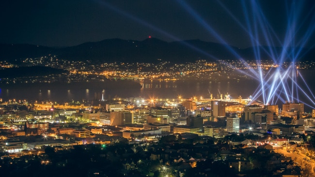 The city lights dazzle during Dark Mofo, Hobart, Tasmania.