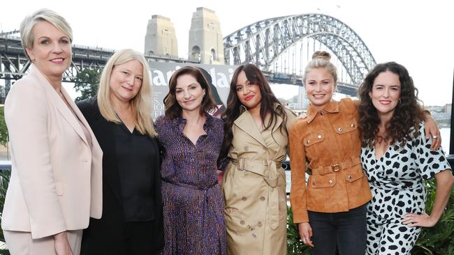 Tanya Plibersek, Bruna Papandrea, Nicky Briger, Jessica Mauboy, Grace Tame and Jess Hill at the Marie Claire breakfast for International Women’s Day at Quay restaurant. Picture: Richard Dobson