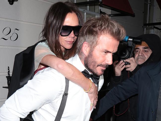 LONDON, ENGLAND - APRIL 20: David Beckham and Victoria Beckham are seen leaving Victoria Beckham's 50th Birthday Party at OswaldÃ¢â¬â¢s on April 20, 2024 in London, England. (Photo by Ricky Vigil M / Justin E Palmer/GC Images)