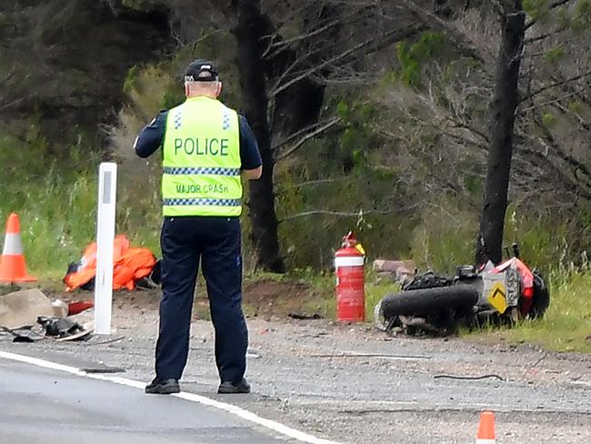 Police investigate at the scene of collision between a L-plate motorbike rider and Toyota Landcruiser towing a horse float near the intersection of The Old Princess Highway and Adelaide road intersection Wednesday September 30,2020.Picture Mark Brake