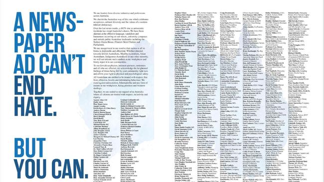 The double-page advertisement, with signatures from hundreds of notable Australians, was taken out in major newspapers.