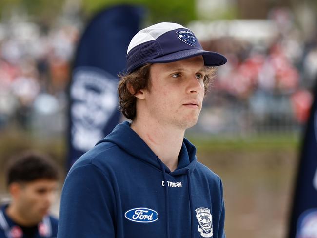 MELBOURNE, AUSTRALIA - SEPTEMBER 23: Max Holmes of the Cats during the 2022 Toyota AFL Grand Final Parade on September 23, 2022 in Melbourne, Australia. (Photo by Darrian Traynor/AFL Photos via Getty Images)