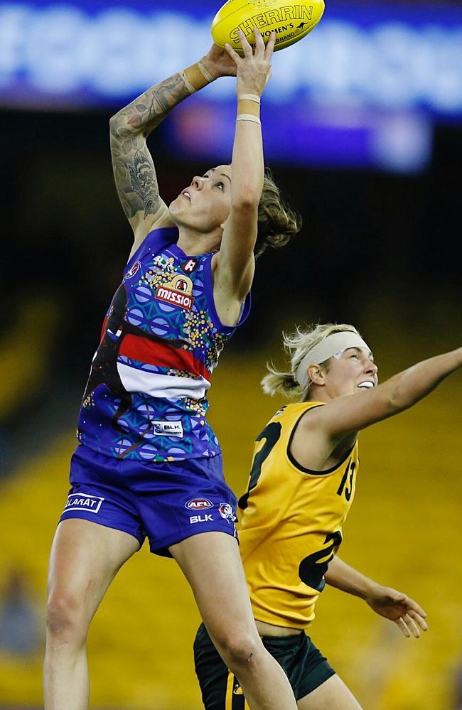 Jakobsson takes a towering mark for the Western Bulldogs in an exhibition match against WA last year. Picture: Michael Klein