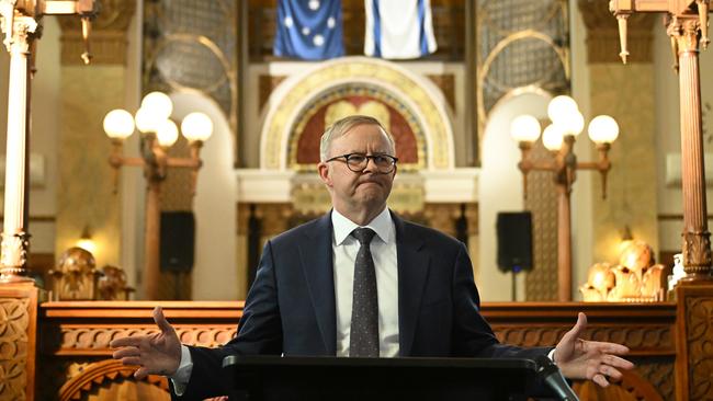 Anthony Albanese speaks during a visit to the St Kilda Shule in Melbourne in October 2023. Picture: AAP