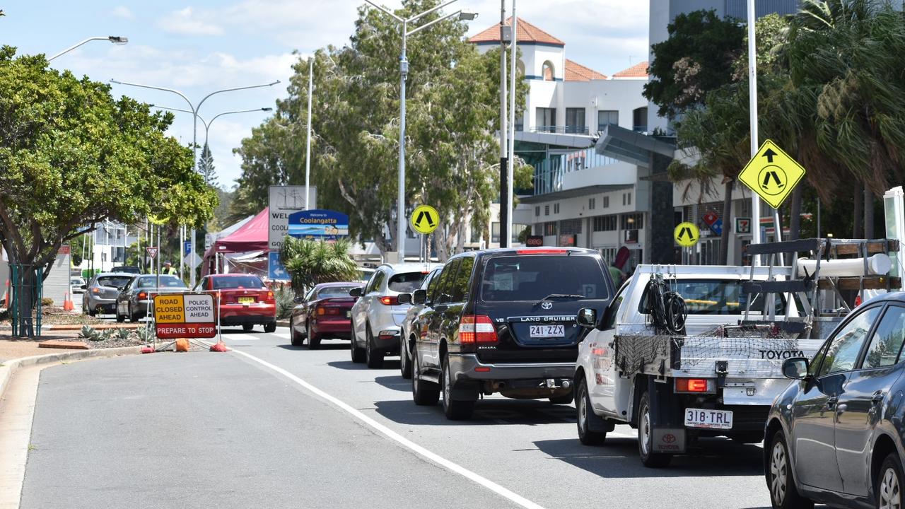 Traffic mayhem about 10.30am along Wharf St, Tweed Heads heading into the Griffith St Coolangatta checkpoint when the border bubble expanded on October 1, 2020. Photo: Jessica Lamb