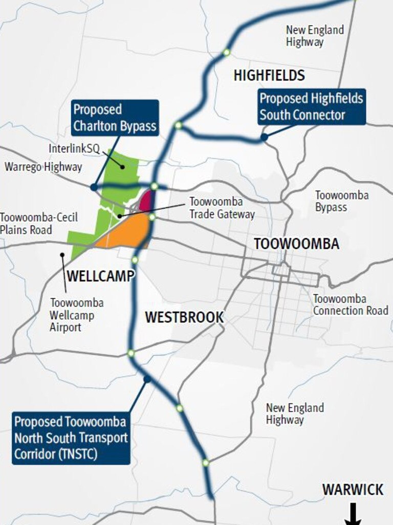 The proposed corridor for the Toowoomba North South Transport Corridor by the Department of Transport and Main Roads.