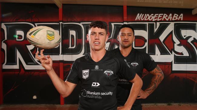 Mudgeeraba Redbacks A-Grade players Kyle Williams (with ball) and Jesse Malcolm-Dinsdale at Firth Park ahead of the opening round of the RLGC season. Picture Glenn Hampson