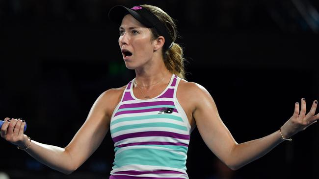 A disbelieving Danielle Collins fires up at chair umpire Carlos Ramos. Picture: Peter Parks/AFP